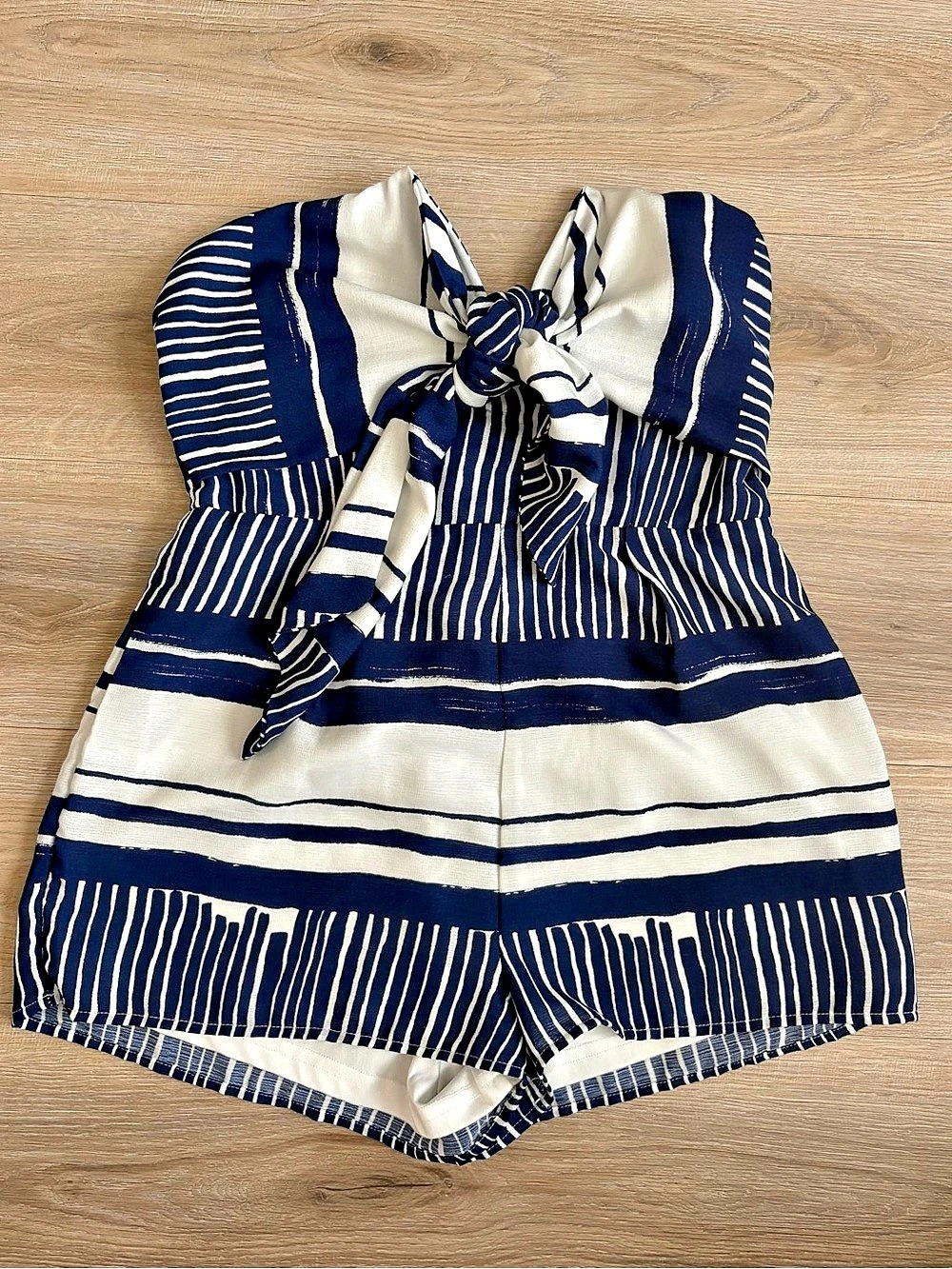 Lulus Delphi Blue and White Striped Tie-Front Strapless Romper & White Striped